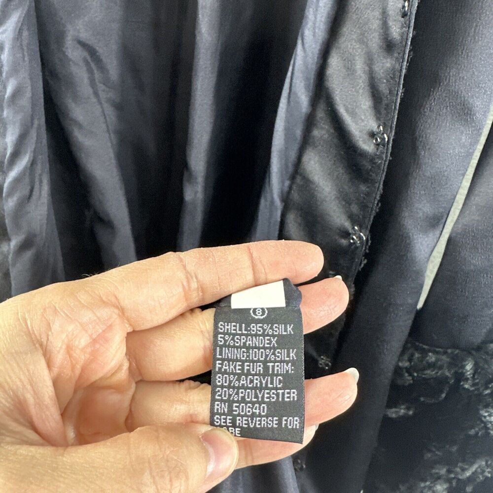 Hype Vintage Faux Fur Sequin Trim Black Silk Goth Evening Long Jacket Womens 8 - Picture 14 of 15